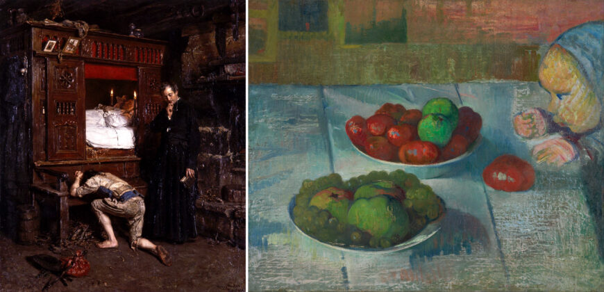 Left: Henry Mosler, Le Retour, 1879, oil on canvas, 120 x 102 cm (Musée d'Orsay, Paris); right: Jacob Meijer de Haan, Still life with profile of Mimi, 1889, oil on canvas, 50.2 x 61.4 cm (Van Gogh Museum, Amsterdam)