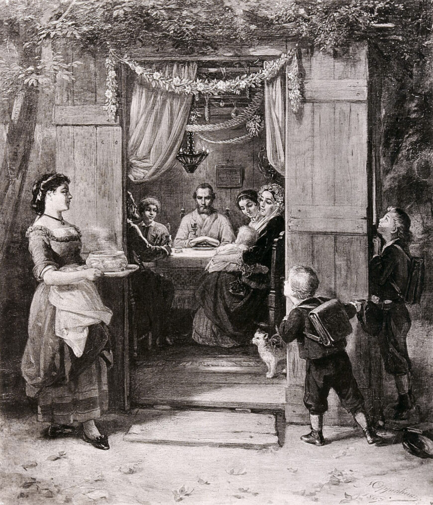 Moritz Daniel Oppenheim, "Feast of Tabernacles" from Scenes from Traditional Jewish Family Life, 1869, heliogravure, 47.5 x 32 cm (Jewish Museum Frankfurt)