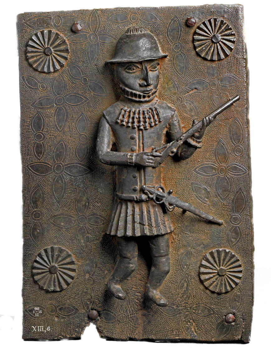 Artist unidentified, Relief plaque (Portuguese soldier), c. 16th–17th century, copper alloy, from Benin City, Edo Kingdom, Nigeria, 47 x 31 x 9 cm (© Trustees of the British Museum)