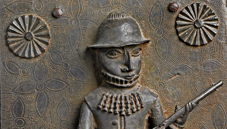 Artist unidentified, Relief plaque (Portuguese soldier, detail), c. 16th–17th century, copper alloy, from Benin City, Edo Kingdom, Nigeria, 47 x 31 x 9 cm (© Trustees of the British Museum)