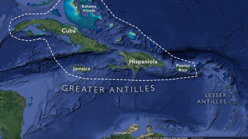 Map of the Taíno and Caribe in the Greater and Lesser Antilles (underlying map © Google)