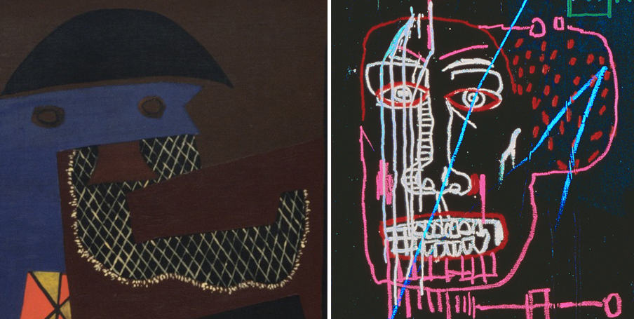 Left: Pablo Picasso, Three Musicians (detail), 1921, oil on canvas, 200.7 x 222.9 cm (The Museum of Modern Art); right: Jean-Michel Basquiat, Horn Players (detail), 1983, acrylic and oil stick on three canvas panels mounted on wood supports, 243.8 x 190.5 cm (The Broad Art Foundation) © The Estate of Jean-Michel Basquiat