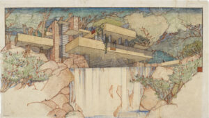 Frank Lloyd Wright, Fallingwater (Edgar J. Kaufmann House), Mill Run, Pennsylvania, 1935, Color pencil on tracing paper, 15 3/8 x 27 1/4 inches © The Frank Lloyd Wright Foundation