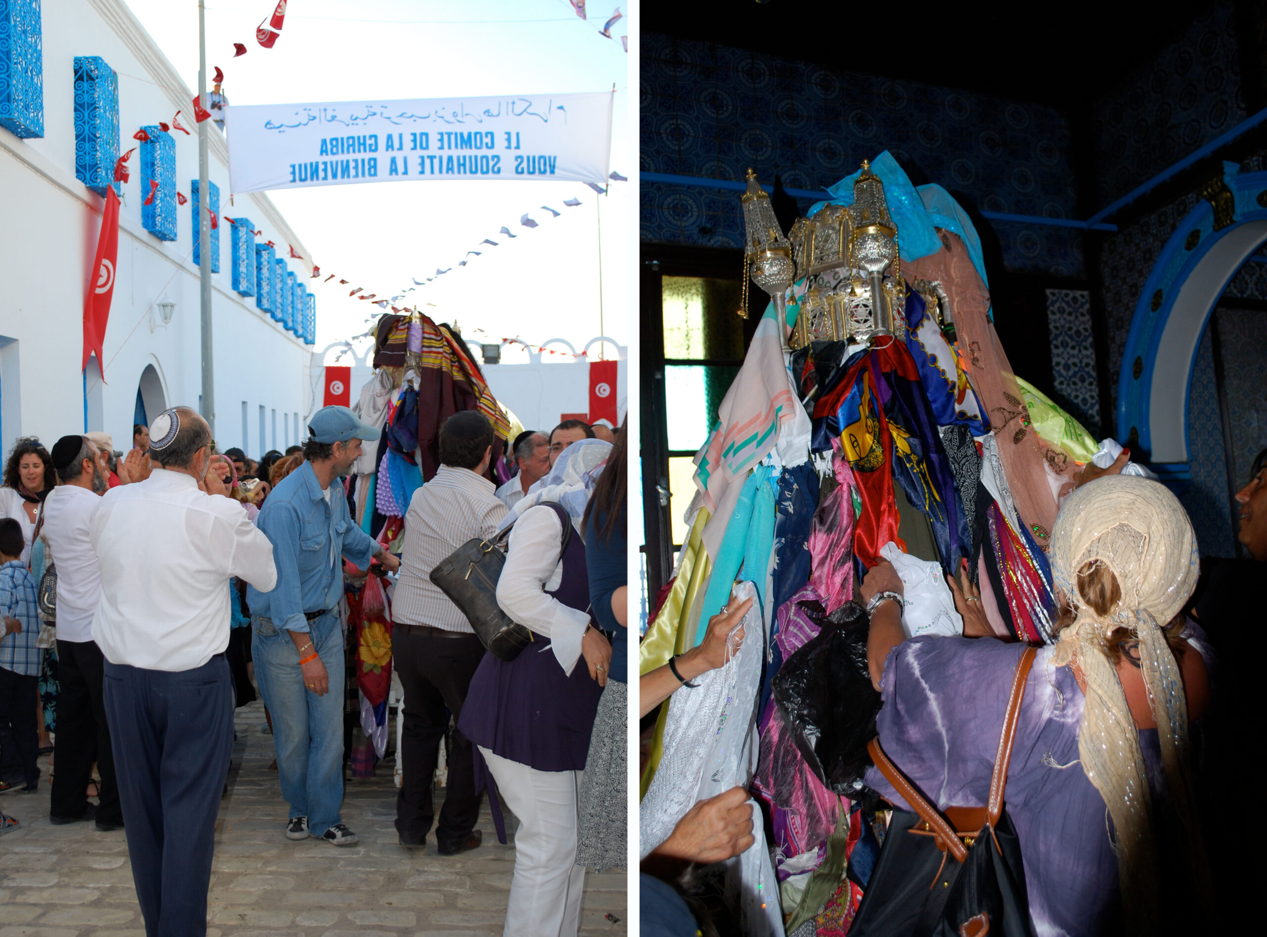 Left: Menara in procession outside of the Ghriba synagogue; right: women dress the menara with scarves (PilotGirl, CC BY-NC-SA 2.0)
