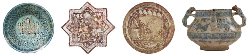 Examples of mina'i and lusterware, 12th–13th century. From left: Mina'i bowl with enthroned ruler, 13th century, Kashan, Iran (Victoria & Albert Museum); Abu Zayd, Star tile with prince on horseback, 1211 C.E., fritware with luster decoration, 27.5 x 26.5 x 1.5 cm, Kashan, Iran (Museum of Fine Arts Boston); Abu Zayd, lusterware plate with mystical allegory of the quest for the Divine, 1210 C.E., stonepaste painted overglaze with luster, 35.2 cm diameter, Kashan, Iran (National Museum of Asian Art); jar with hunters, 12th–13th century, stonepaste with mina'i decoration, Kashan, Iran (The Metropolitan Museum of Art)
