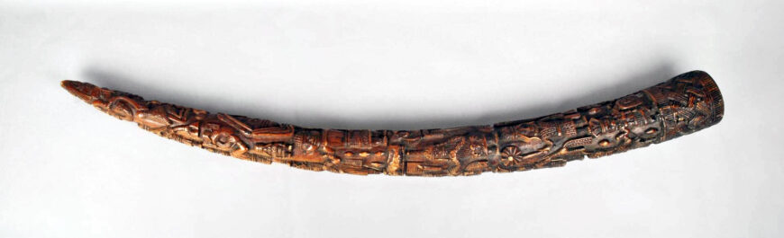 Artist unidentified, altar tusk, 16th–19th century, carved elephant ivory (Benin City, Edo Kingdom, Nigeria), 116.5 x 9 x 8 cm (©Trustees of the British Museum)