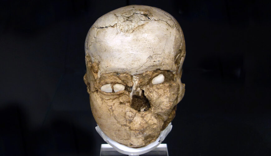 Plastered human skull with shell eyes from Jericho, c. 7200 B.C.E. (Pre-Pottery Neolithic B) (The British Museum, London; photo: Steven Zucker, CC BY-NC-SA 2.0)