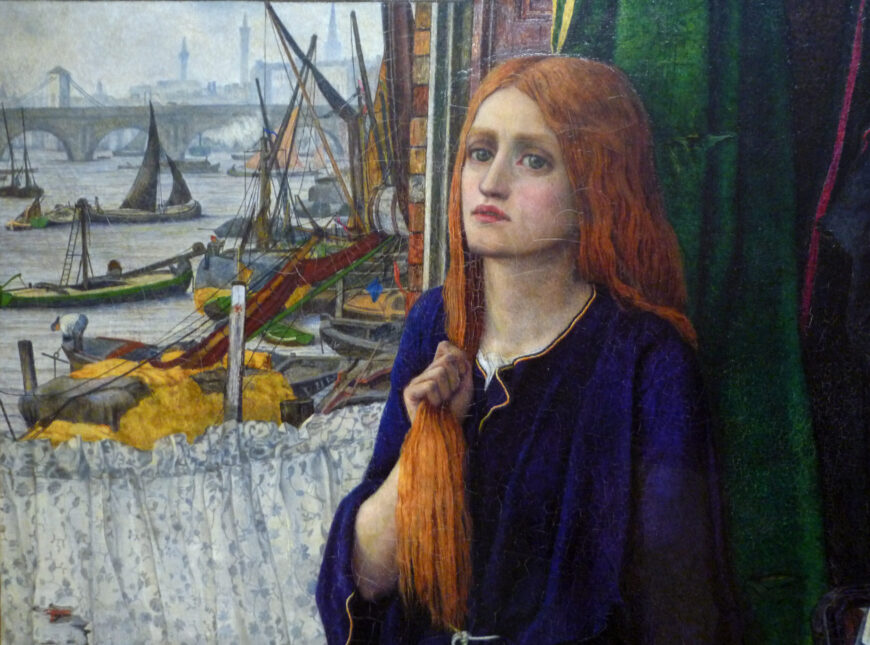 Woman and view of the Thames  with Waterloo Bridge (detail), John Roddam Spencer Stanhope, Thoughts of the Past, 1859, oil on canvas, 86.4 x 50.8 cm (Tate Britain, London; photo: Steven Zucker, CC BY-NC-SA 2.0)