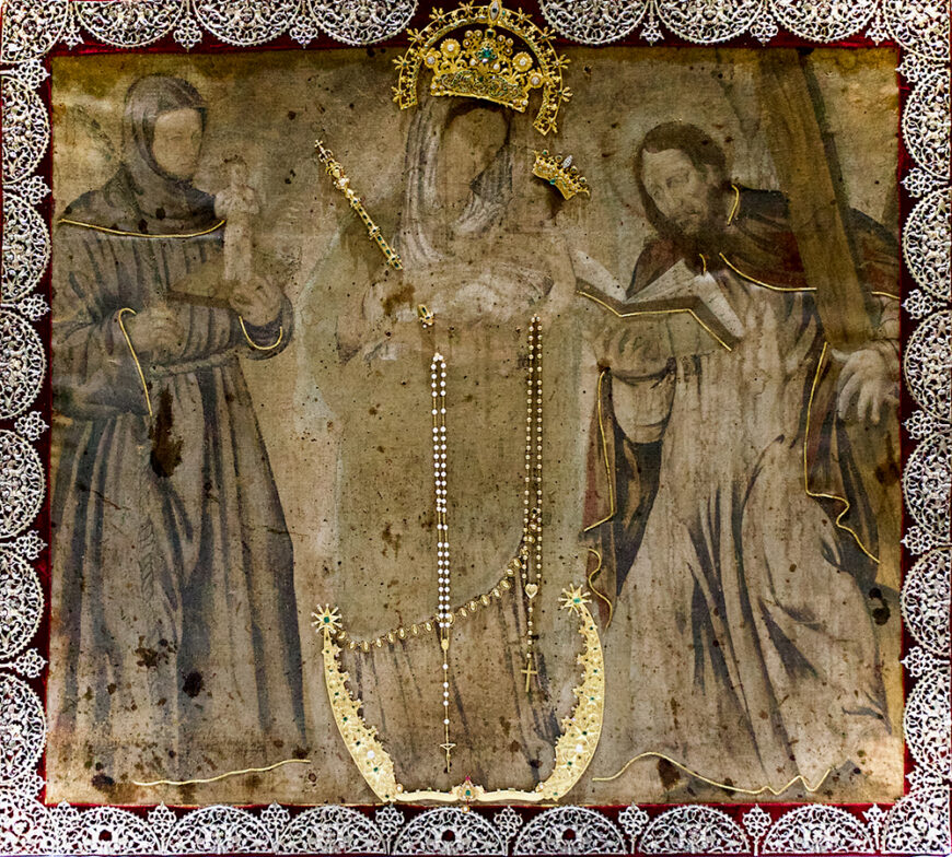 At nearly 500 years old, the original work has once again faded and become damaged by age and moisture.  It is housed today in the purpose-built Basilica of Our Lady of the Rosary of Chiquinquirá. Alonso de Narváez, Our Lady of the Rosary of Chiquinquirá, 1562, tempera on cloth (Basilica of Our Lady of the Rosary of Chiquinquirá, Colombia)