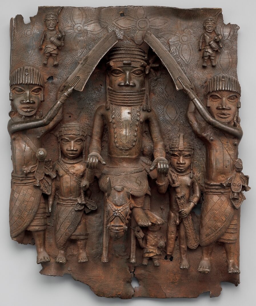 Plaque: Equestrian Oba and Attendants, c. 1550–1680 (Edo peoples, Court of Benin, Nigeria), brass, 49.5 x 41.9 x 11.4 cm (The Metropolitan Museum of Art, New York)