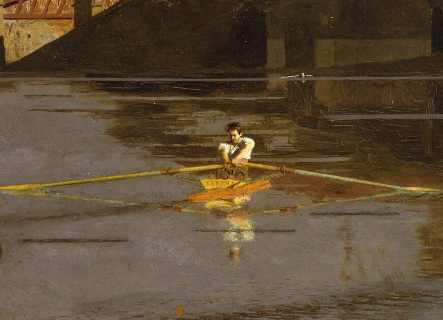 Self-portrait of the artist along with his name and the date (detail), Thomas Eakins, The Champion Single Sculls (Max Schmitt In A Single Scull), 1871, oil on canvas, 81.9 x 117.5 cm (The Metropolitan Museum of Art, New York)