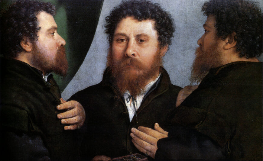This sitter has been identified as Bartolomeo Carpan; a friend of Lotto’s tried by the Inquisition for heresy. The portraits of the dyer has not been found. Lorenzo Lotto, A Goldsmith in Three Views, c. 1525–35, oil on canvas, 52 x 79 cm (Kunsthistorisches Museum, Vienna)