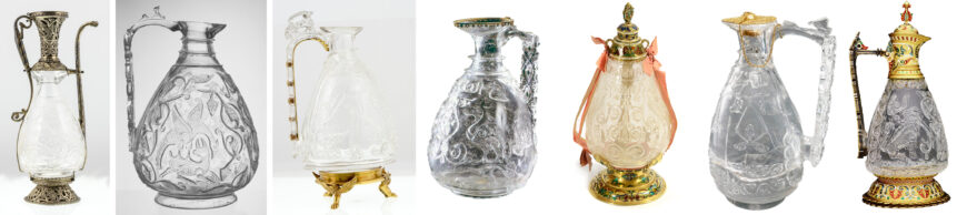From left: Mufloni ewer, rock crystal, Iraq, late 9th or early 10th century, with later mounts (Treasury of San Marco); ewer, rock crystal, Iraq, late 9th or early 10th century (Victoria & Albert Museum); al-ʿAziz ewer, rock crystal, Cairo, 1001–10, with 16th-century gold and enamel mounts (Treasury of San Marco); ewer, rock crystal, Cairo, 1000–8 (Palazzo Pitti); ewer, rock crystal, Cairo, 10th–11th century (Fermo Cathedral); St. Denis ewer, rock crystal, Cairo, ca. 1000, with later mounts (Louvre); Keir collection ewer, rock crystal, Cairo, first half of 11th century with 19th-century mounts (Dallas Museum of Art)