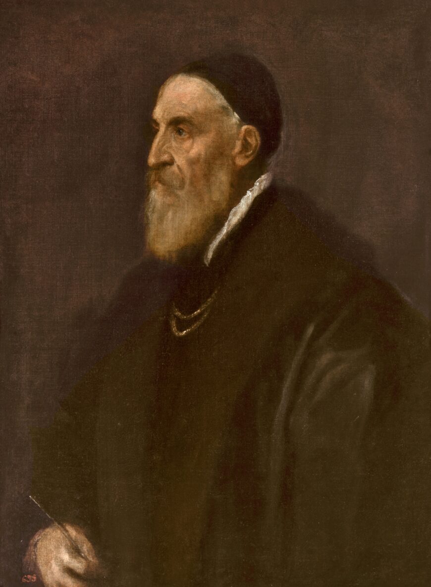 Titian proudly wears his symbol as a Knight of the Golden Spur (a gold chain) and holds a paint brush, symbol of his occupation, a nice juxtaposition of his profession and claims of gentility. Titian, Self-Portrait, c. 1562, oil on canvas, 86 x 65 cm (Museo del Prado, Madrid)