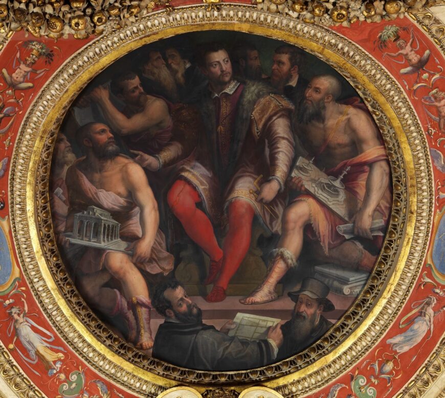 Note how Cosimo I de'Medici, the Grand Duke of Tuscany, is shown at the center of this panel, dominating the space while surrounded by his artists and engineers. Giorgio Vasari, Cosimo I De’Medici and his Architects, Engineers, and Sculptors, finished in 1559, fresco ceiling painting (Sala dei Cinquecento, Palazzo Vecchio, Florence)