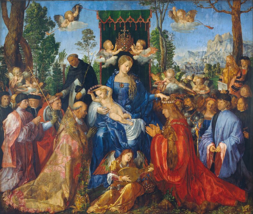 Painted for German merchants for an altar for the Church of S. Bartolomeo near the Fondaco dei Tedeschi, the social and commercial center of the German colony in Venice and intended to declare the artist's abilities to the Venetian public. Albrecht Dürer, Feast of the Rose Garlands, 1506 (National Gallery, Prague)
