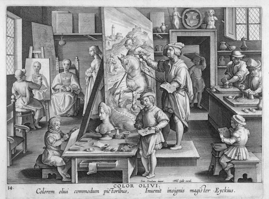 A busy artist's studio. Philip Galle after Jan van der Straet, Nova Reperta: Invention of Oil Painting (Color Olivi) [The distinguished master Eyckius found the olive color advantageous to painters], 1580–1605 (© Trustees of the British Museum)