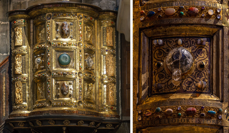 Left: Ambo of Henry II, 1002–14, in the Palatine Chapel, Aachen; right: rock crystal saucer-shaped dish surrounded by chess pieces, ambo of Henry II, 1002–14, in the Palatine Chapel, Aachen (photos: Steven Zucker, CC BY-NC-SA 2.0)