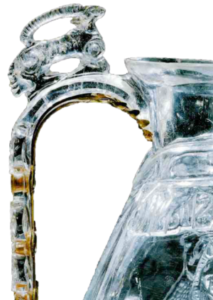 Handle and ibex thumb rest, al-ʿAziz ewer, rock crystal, Cairo, 1001–10, with 16th-century gold and enamel mounts  (Treasury of San Marco)