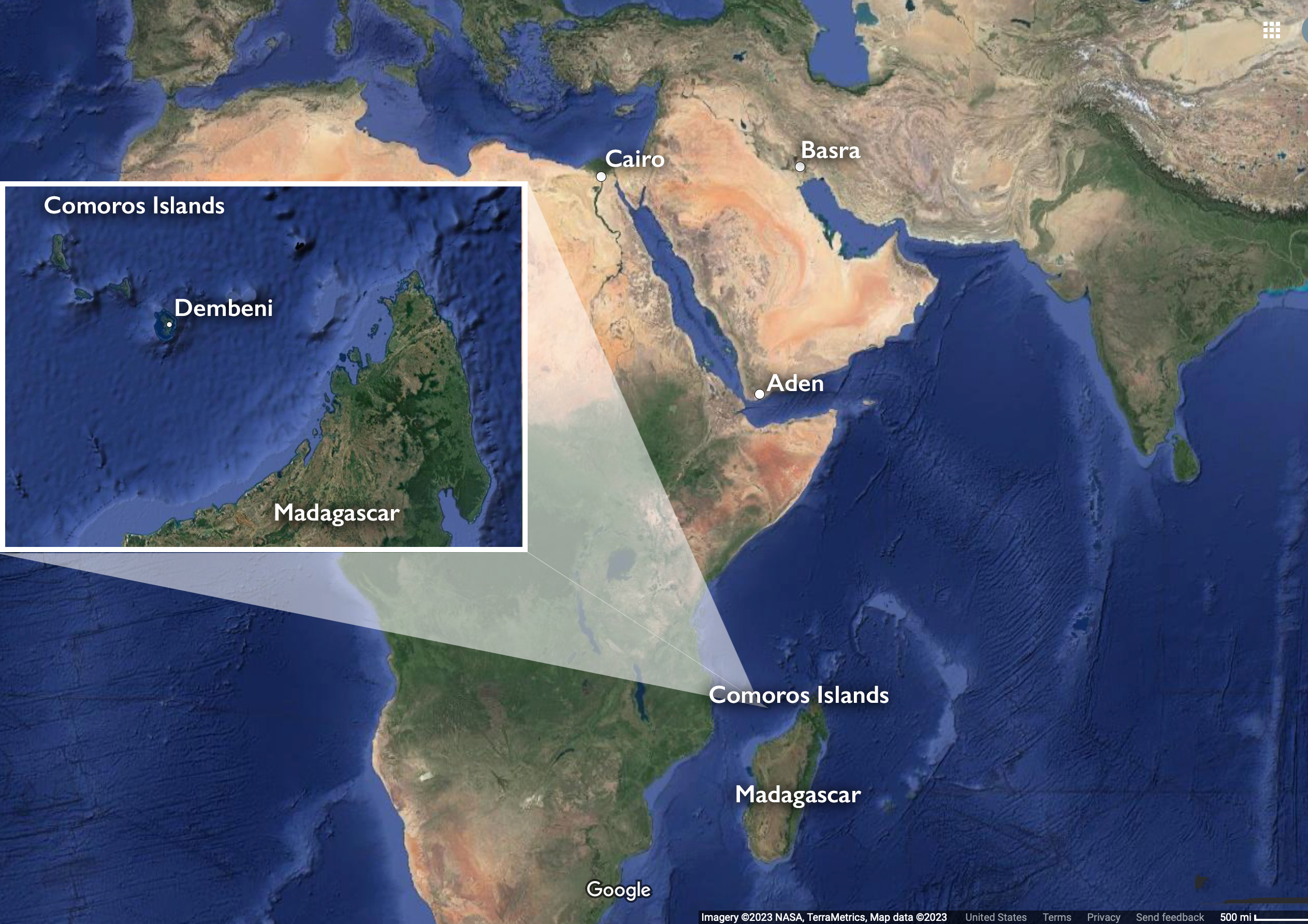 Rock crystal trade across West Asia, North Africa, and East Africa (underlying map © Google)