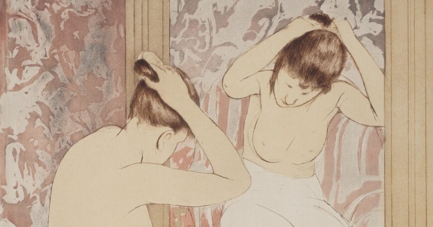 Woman adjusting her bun (detail), Mary Cassatt, The Coiffure, 1890–91, color drypoint and aquatint on laid paper, 43.2 x 30.7 cm (National Gallery of Art, Washington, D.C.)