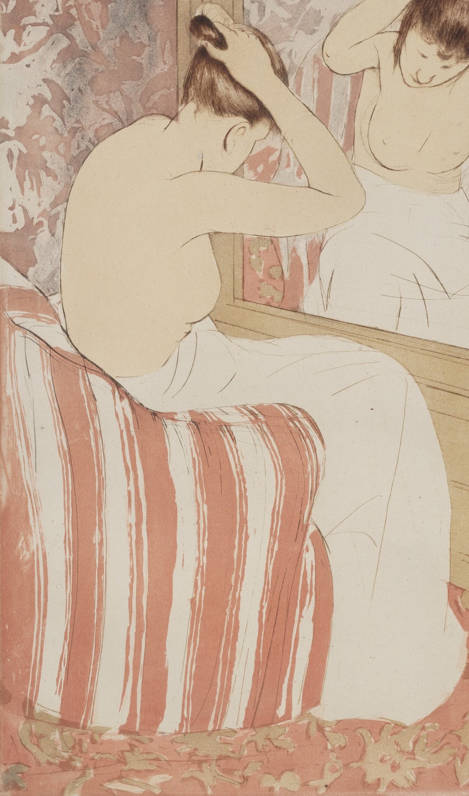 Woman (detail), Mary Cassatt, The Coiffure, 1890–91, color drypoint and aquatint on laid paper, 43.2 x 30.7 cm (National Gallery of Art, Washington, D.C.)