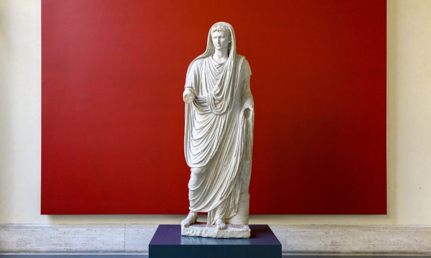 Augustus as Pontifex Maximus, after 12 B.C.E., marble, 208 cm high, found in the Via Labicana, Rome (Palazzo Massimo Alle Terme, Rome; photo: Steven Zucker, CC BY-NC-SA 2.0)