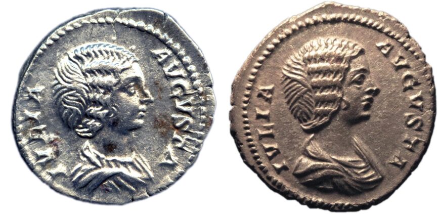 Left: Coin depicting Julia Domna, 196–211 C.E., silver, c. 1.9 cm (York Museums Trust), found in 2016 at Overton, near York; right: Coin depicting Julia Domna, 196–211 C.E., silver, c. 1.9 cm, excavated in 1930 at Mosul (© The Trustees of the British Museum, London)