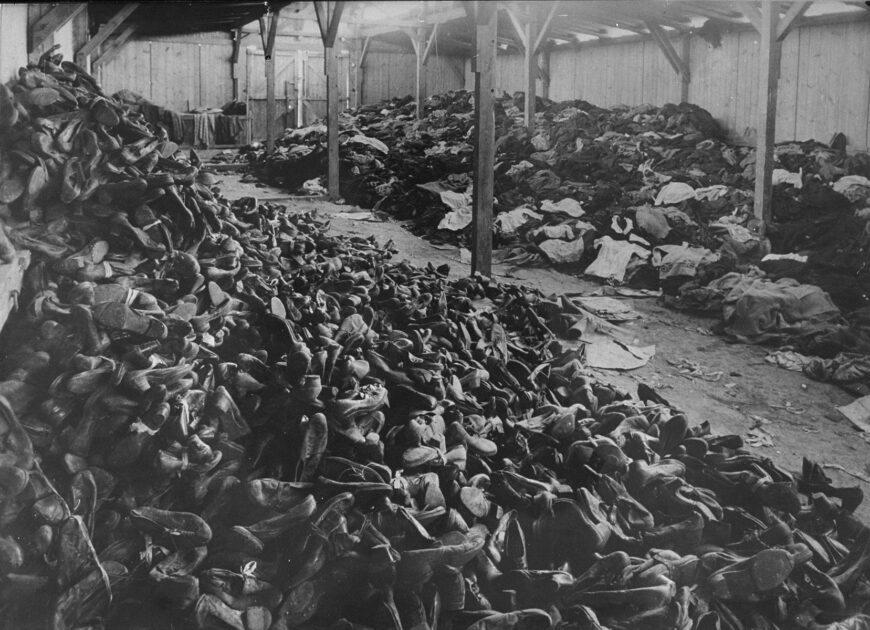 Auschwitz warehouse of shoes and clothing confiscated from prisoners and deportees gassed upon their arrival, still photo #15330 from Soviet film of the liberation of Auschwitz, First Ukrainian Front, shot after January 1945 (photographic print held by Comite d'histoire de la dieuxieme guerre mondiale, Paris, reproduced by the United States Holocaust Memorial Museum, Washington)