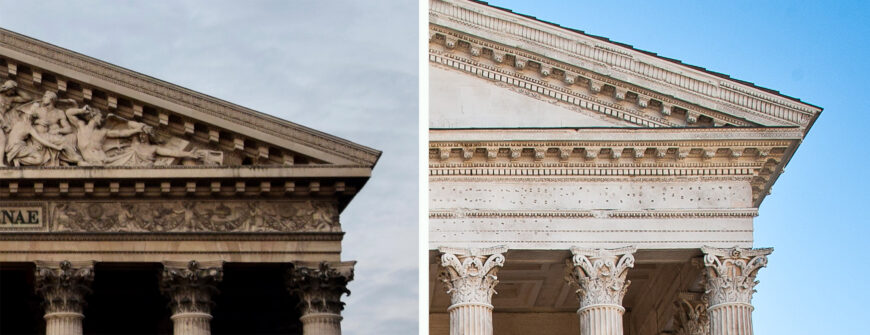 Left: Entablature (detail), Church of La Madeleine, paris, 1807–45 (Photo: Ank Kumar, CC BY-SA 4.0); right: Entablature (detail), Maison Carrée, Nîmes, Provence, c. 16 B.C.E (Photo: Fabhuard, CC BY-SA 4.0)