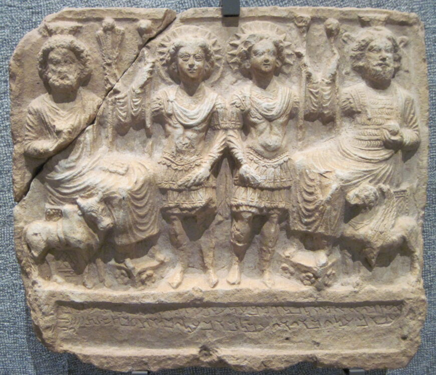 Limestone bas-relief dedicated by Ba’alay to Bel, Baalshamin, Yarhibol, and Aglibol. Limestone, dated January 121 CE., from Palmyra (Museum of Fine Arts, Lyon) (photo: Owen Cook, CC BY-SA 3.0) 