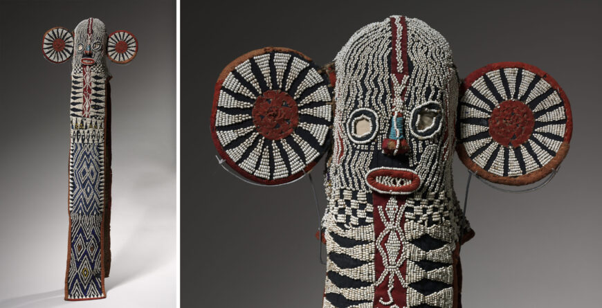 Left: full mask; right: face of mask (detail). Mask (mbap mteng), early 1900s (Bamileke peoples), cotton, burlap, glass beads, twine, leather, and wood, 139.7 x 50.8 x 19.1 cm (The Cleveland Museum of Art)