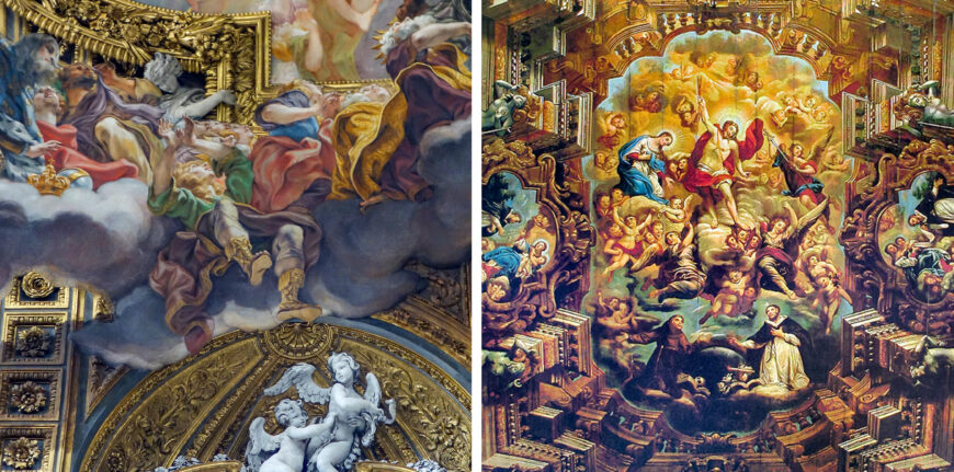 Left: foreshortened figures (detail), Giovanni Battista Gaulli, The Triumph of the Name of Jesus, 1672–85, ceiling fresco, Il Gesù, Rome (photo: Steven Zucker, CC BY-NC-SA 2.0); right: figures parallel to the picture plane (detail), José Joaquim da Rocha, Ascension of Saint Dominic, 1781, ceiling of the church of Third Order of Saint Dominic, Salvador, Brazil