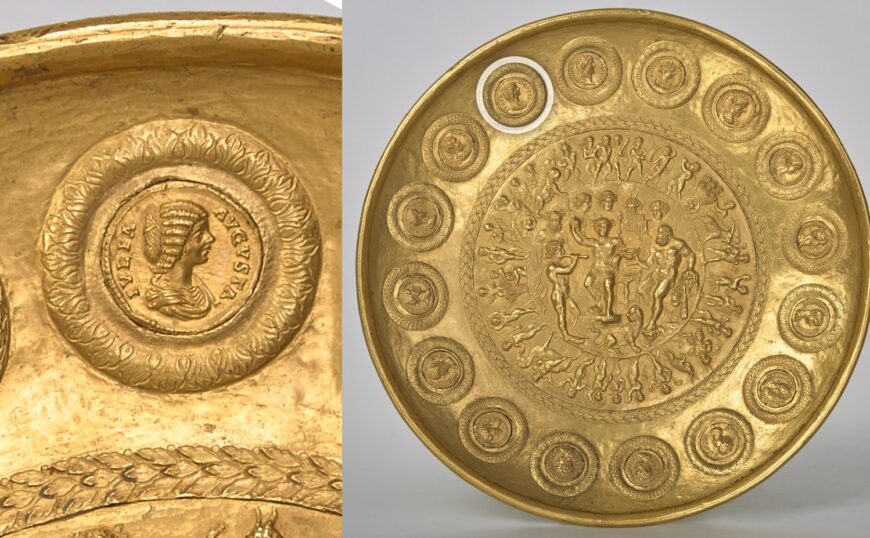 Left: Gold coin depicting Julia Domna (detail), part of a ceremonial vessel, 209 C.E.; right: Ceremonial vessel (patera, 25 cm in diameter) featuring gold coins of emperors and empresses of the Antonine and Severan dynasties. The central image has a mythological scene of Bacchus, the god of wine, and Hercules, a semi-divine hero. Found in 1774 at Rennes (Cabinet des Médailles, Bibliothèque Nationale de France, Paris)