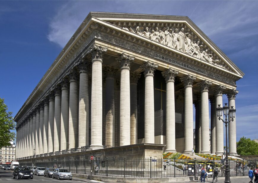 Pierre-Alexandre Barthélémy Vignon, completed by Jacques-Marie Huvé, Church of La Madeleine, 1807–45, 108 m x 43 m, Place de la Madeleine, Paris