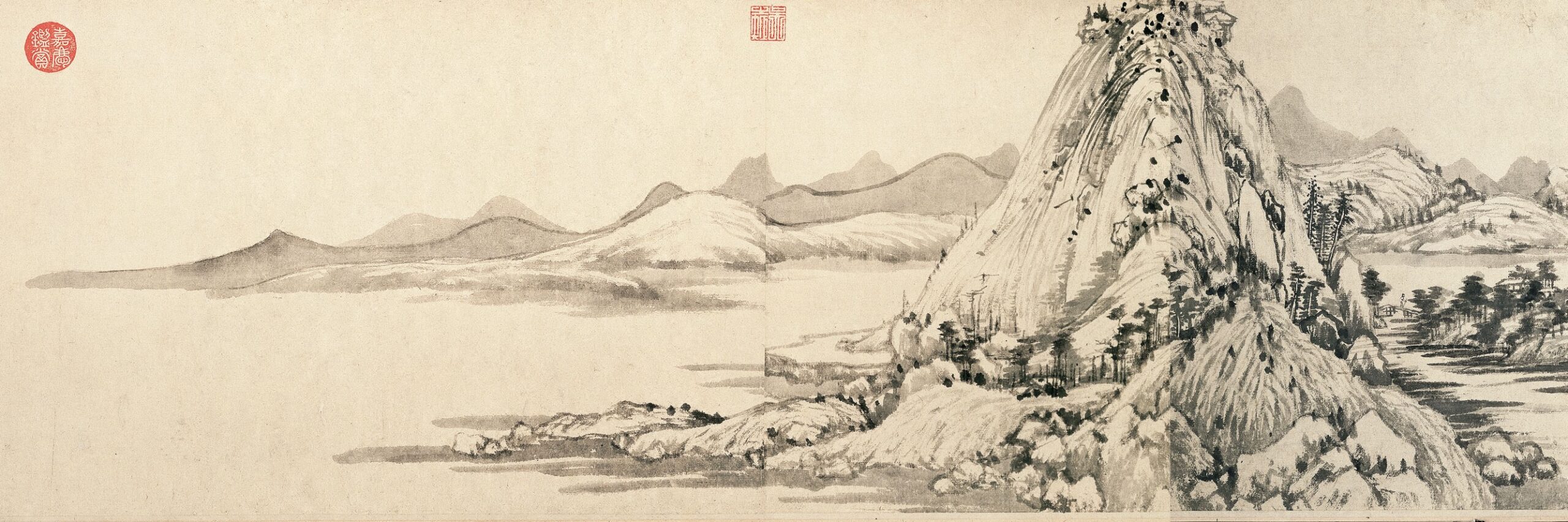 Low-lying mountains and blank space (detail), “The Master Wuyong Scroll,” Huang Gongwang, Dwelling in the Fuchun Mountains, 1350, handscroll, ink on paper, 33 x 636.9 cm (National Palace Museum, Taipei)