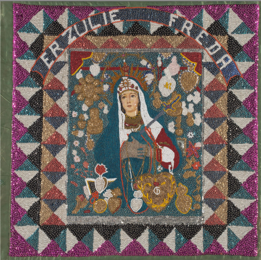 Artist from Jacmel (Haitian, 1950–85), Vaudou Flag, 1975–85, sequins and beads on burlap, satin backed, 81.28  x 80.01 cm (Accession Number 1999.031.002, previously Snite Museum of Art, now in the collection of the Raclin Murphy Museum of Art, Notre Dame)