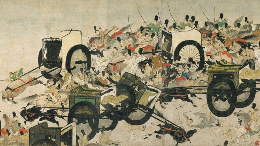 Ox cart at the opening of the scene (detail), Night Attack on the Sanjô Palace, Illustrated Scrolls of the Events of the Heiji Era (Heiji monogatari emaki) Japanese, Kamakura period, second half of the 13th century, 45.9 x 774.5 x 7.6 cm (Museum of Fine Arts, Boston)