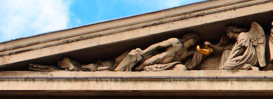 The emergence of early man (detail), Richard Westmacott, The Rise of Civilisation, Pediment of British Museum, built 1845–51, The British Museum, London, designed in 1823 and completed in 1857 (photo: Justin Ennis, CC BY 2.0)