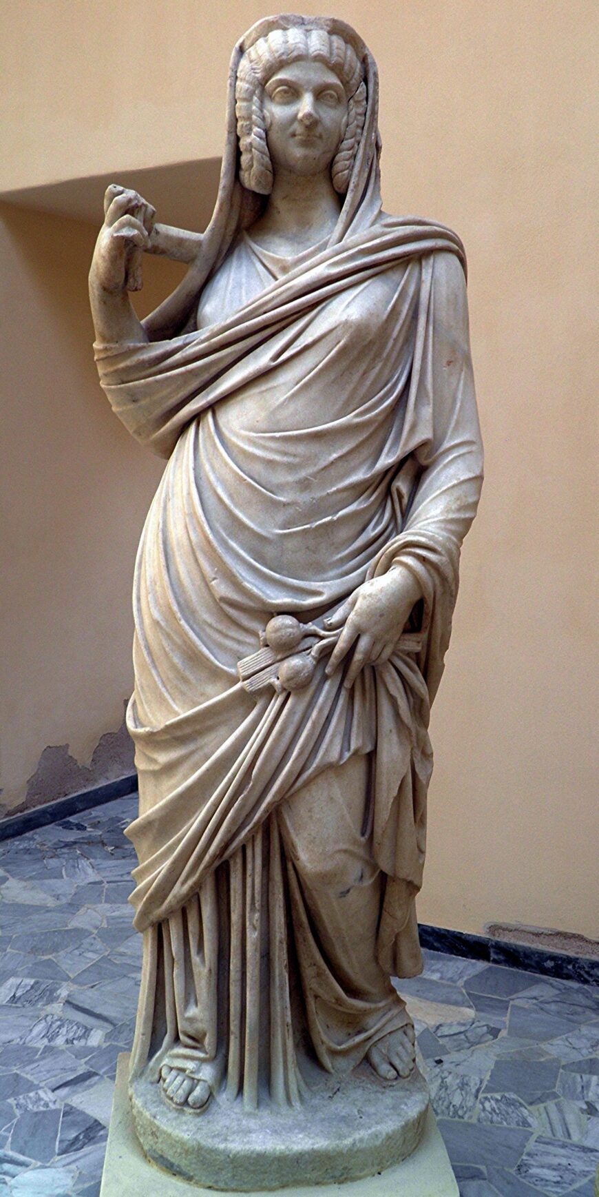 Portrait of Julia Domna (from Ostia, Italy), c. 203–217 C.E., marble, 175 cm high (Museo Ostiense, Ostia, Italy, inv. no. 21; photo: Carole Raddato, CC BY-SA 2.0). Excavated in 1939, near building IV.VII.II (Caseggiato della Fontana con Lucerna), Ostia