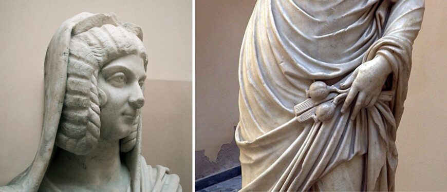 Head and hands (detail), Portrait of Julia Domna (from Ostia, Italy), c. 203–217 C.E., marble, 175 cm high (Museo Ostiense, Ostia, Italy, inv. no. 21; left photo: myglyptothek: Faces of ancient Rome; right photo: Carole Raddato, CC BY-SA 2.0). Excavated in 1939, near building IV.VII.II (Caseggiato della Fontana con Lucerna), Ostia