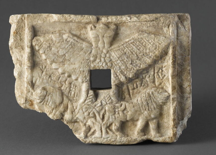Bird-god Anzu on the Votive relief of Ur-Nanshe, king of Lagash, perforated relief, c. 2495–2465 B.C.E. (Ancient Girsu), alabaster, 15.1 x 21.6 cm (Musée du Louvre, Paris)