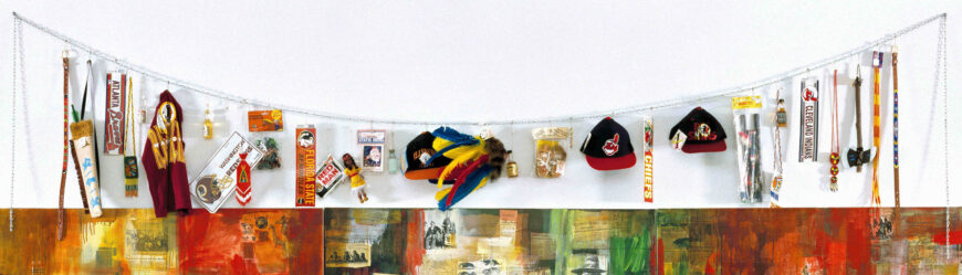 Toys and souvenirs (detail), Jaune Quick-to-See Smith, Trade (Gifts for Trading Land with White People), 1992, oil paint and mixed media, collage, objects, canvas, 152.4 x 431.8 cm (Chrysler Museum of Art, Norfolk) © Jaune Quick-to-See Smith