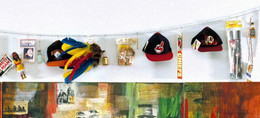 Toys and souvenirs (detail), Jaune Quick-to-See Smith, Trade (Gifts for Trading Land with White People), 1992, oil paint and mixed media, collage, objects, canvas, 152.4 x 431.8 cm (Chrysler Museum of Art, Norfolk) © Jaune Quick-to-See Smith