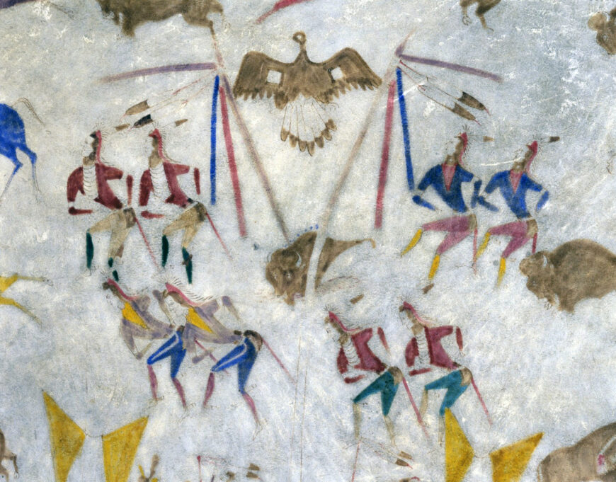 Sun and Wolf Dances (detail), Attributed to Cotsiogo, Hide painting of the Sun Dance, c. 1890–1900 (Eastern Shoshone), elk hide and pigment, 205.7 x 198.1 cm (Brooklyn Museum, New York)