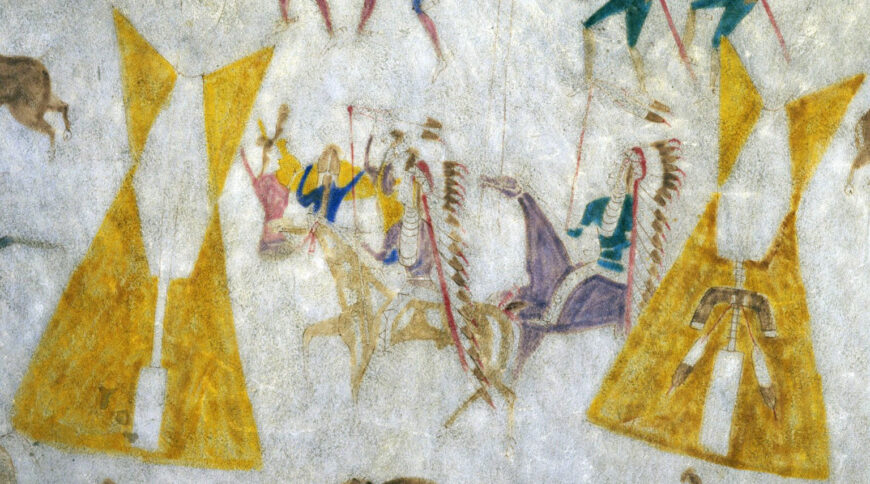 Warriors returning to camp (detail), Attributed to Cotsiogo, Hide painting of the Sun Dance, c. 1890–1900 (Eastern Shoshone), elk hide and pigment, 205.7 x 198.1 cm (Brooklyn Museum, New York)