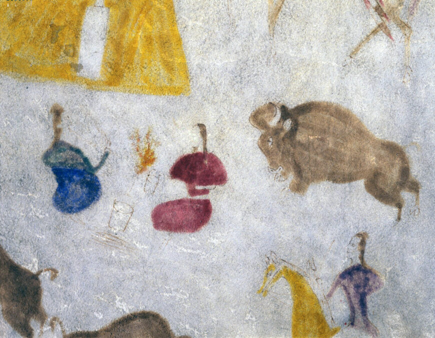 A woman rest near a fire and a man on horses hunt buffaloes (detail), Attributed to Cotsiogo, Hide painting of the Sun Dance, c. 1890–1900 (Eastern Shoshone), elk hide and pigment, 205.7 x 198.1 cm (Brooklyn Museum, New York)