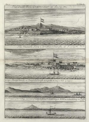 Johannes Kip, Prospects with European Flags on the West African coast, 1732 (Fort Crevecoeur at Accra, Fort Christiaenburgh at Accra, Cape Ruygehoeck, and the Coast of Lay), engraving on paper, 26 x 19 cm (Koninklijke Bibliotheek, The Hague)