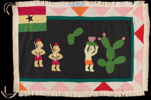 The Akan proverb communicated by flag is “We can carry water in a basket using cactus as a head cushion.” Cacti are associated with danger in asafo flags, so the message conveyed is that this company can do what is dangerous (carry the cactus) and threaten its enemies. Flag, mid-20th century (Fante people), textile, 111.76 x 157.48 cm (The George Washington University Museum and The Textile Museum, Washington, D.C.)