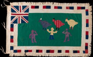 The Akan proverb communicated by the flag is “We came to fight, but not you birds.” In other words, the asafo company conveys that its enemies are weak like birds and not worth fighting. Flag, first half of the 20th century (Fante people), textile, 111.76 x 182.24 cm (The George Washington University Museum and The Textile Museum, Washington, D.C.)